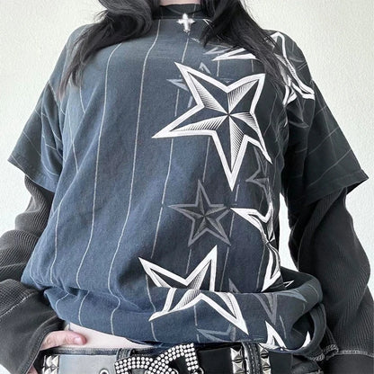 Y2K Grunge Emo Vintage T-shirt 2000s Cross Cyber Goth Patchwork Long Sleeve Tees E-girl Gothic Harajuku Loose Tops Women Men