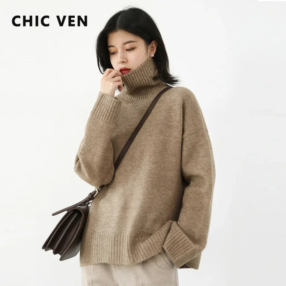 CHIC VEN Women's Sweater Autumn Winter New Turtleneck Knit Pullover Loose Clothes for Women Warm Solid Basic Female Tops 2023