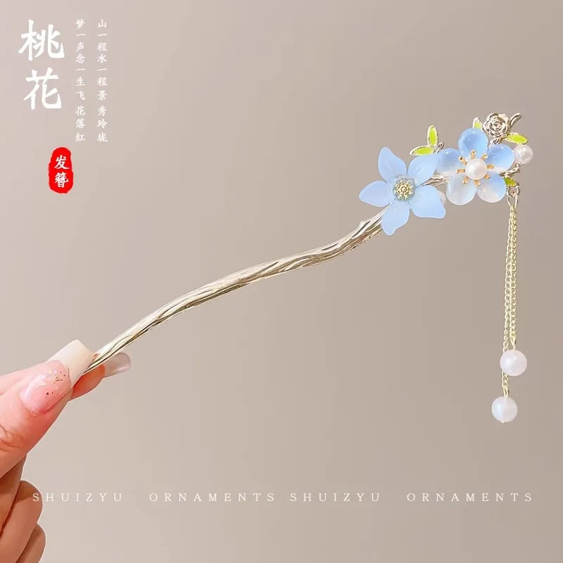 Elegant Chinese Style Hair Accessory Romantic Enameled Flower Tassel Hair Clip Alloy Jewelry Hairpin For Women Fashion Hairpin