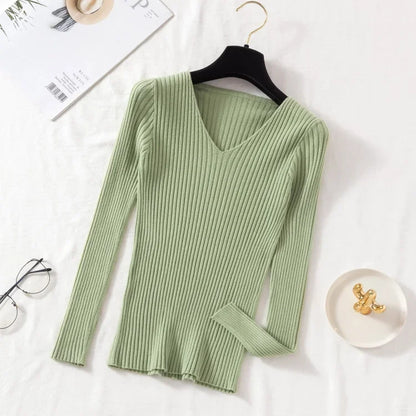 Autumn Winter Women Sweaters Casual Long Sleeve Knitted V Neck Pullover Sweater Femme Basic Solid Jersey Tops Fashion Clothes