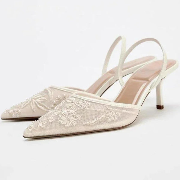 Mesh Embroidered Flowers Thin Heels Sandals Women 2025 Summer Sexy Slingback Pointed Toe Pumps Dress Shoes Sandalias De Mujer