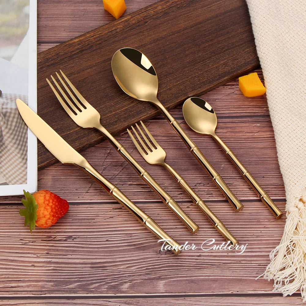 10/15/20/25/30pcs Sliver Dinner Set Stainless Steel Western Tableware Mirror Cutlery Bamboo Style Spoon Fork Kitchen Utensils