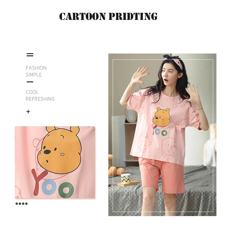 MIIOW Cotton Sleepwear Woman 2 Pieces Set Cute Cartoon Print Women's Pajamas Home Comfort Short Sleeve and Shorts Night Wears