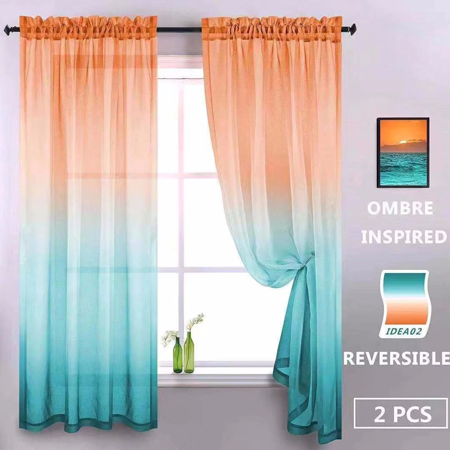 2 Panel Gradient Color Sheer Voile Curtains Pastoral Rustic Window Screen Drape Panel Tulle Curtains Translucent Gauze Curtains