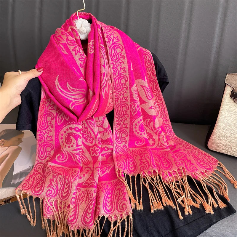 Tassel Blanket Design Thick Pashmina New Winter Warm Shawl Wrap Cashmere Scarf Women Neckerchief Poncho Stoles 2024