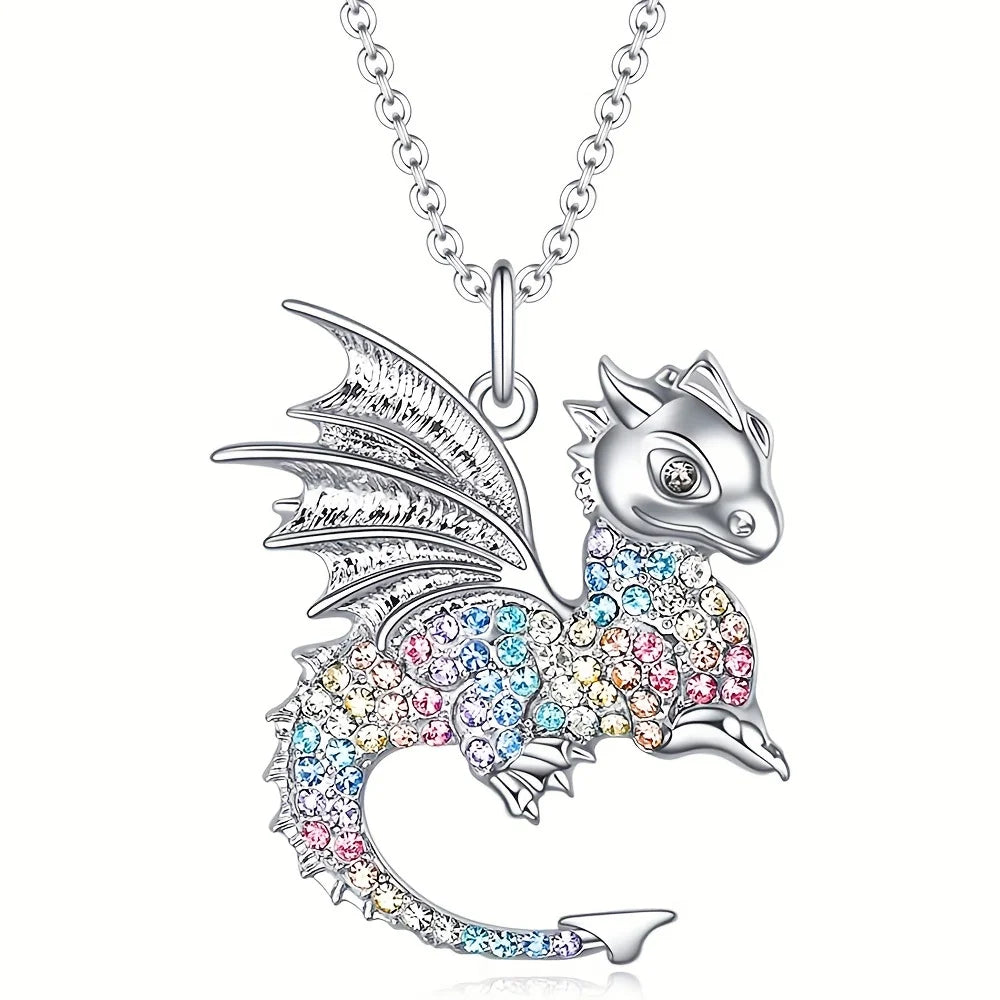 Exquisite Fashion Dragon Pendant Necklace Domineering Animal Necklace Inlaid with Colorful Rhinestones Perfect Gift for Girls