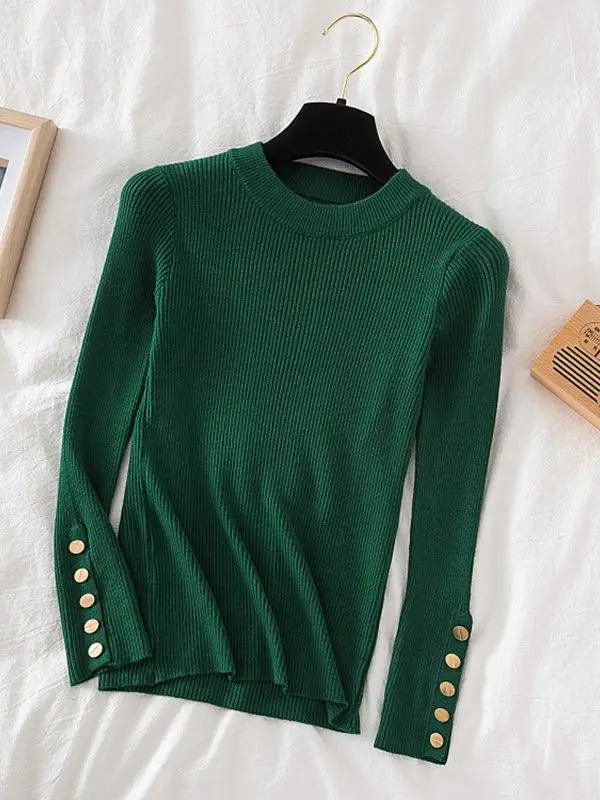 2025 women thick sweater pullovers khaki casual autumn winter button o-neck chic sweater female slim knit top soft jumper tops