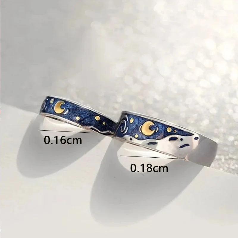 2 PCS Unisex Starry Sky Epoxy Open Ring Ins Silver Color Moon Couple Ring Unique Pattern Valentine's Day Gift Part Jewelry