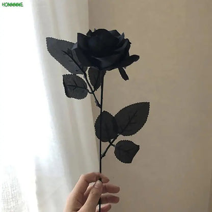 1Pcs Gothic Black Artificial Silk Rose Bouquet Halloween Branch Home Simulation Rose Fake Flower DIY Wedding Party Decor