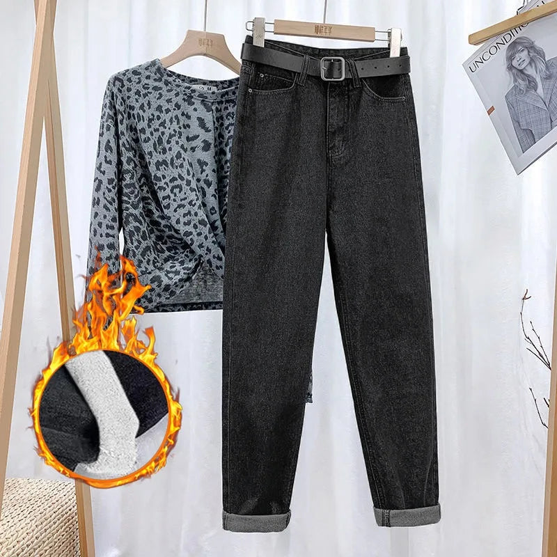 Fleece Thick Warm Straight Leg Jeans, Women's New Autumn and Winter Fashion Loose High-waisted Harlan Jeans, Casual Daddy Pants