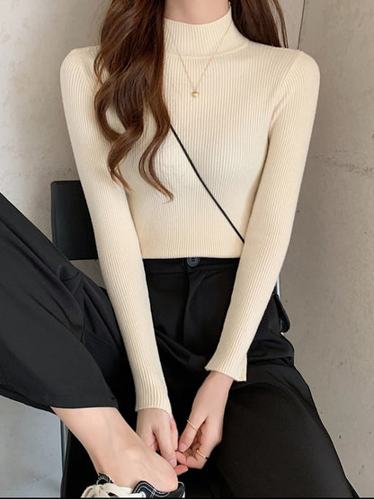 Autumn Winter Mock Neck Women Sweater Vintage Basic Solid Knitted Tops Casual Slim Pullover Korean Sweaters Simple Chic Jumpers