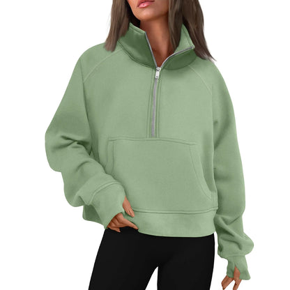 Women's Stand Collar Plus Fleece Solid Color Hoodie  Long Sleeve Pocket Loose Half Zip Pullover Hoodie Top лонгслив женский