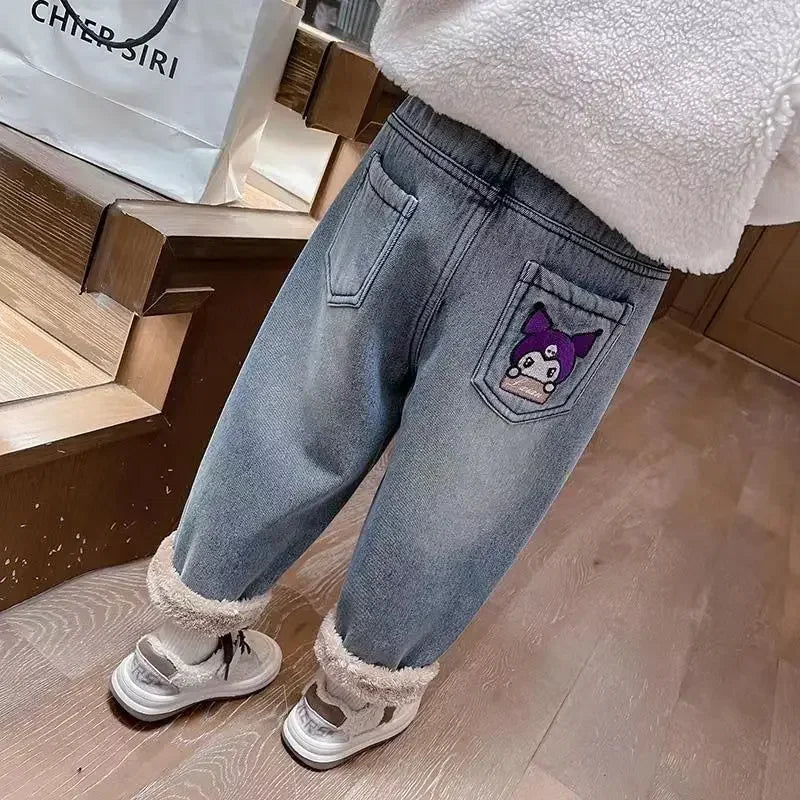 Kuromi Anime Sanrio Ins Children Fleece Thick Jeans Pants Cute Cartoon Kawaii Warm Casual Trousers Clothing Gifts for Kids