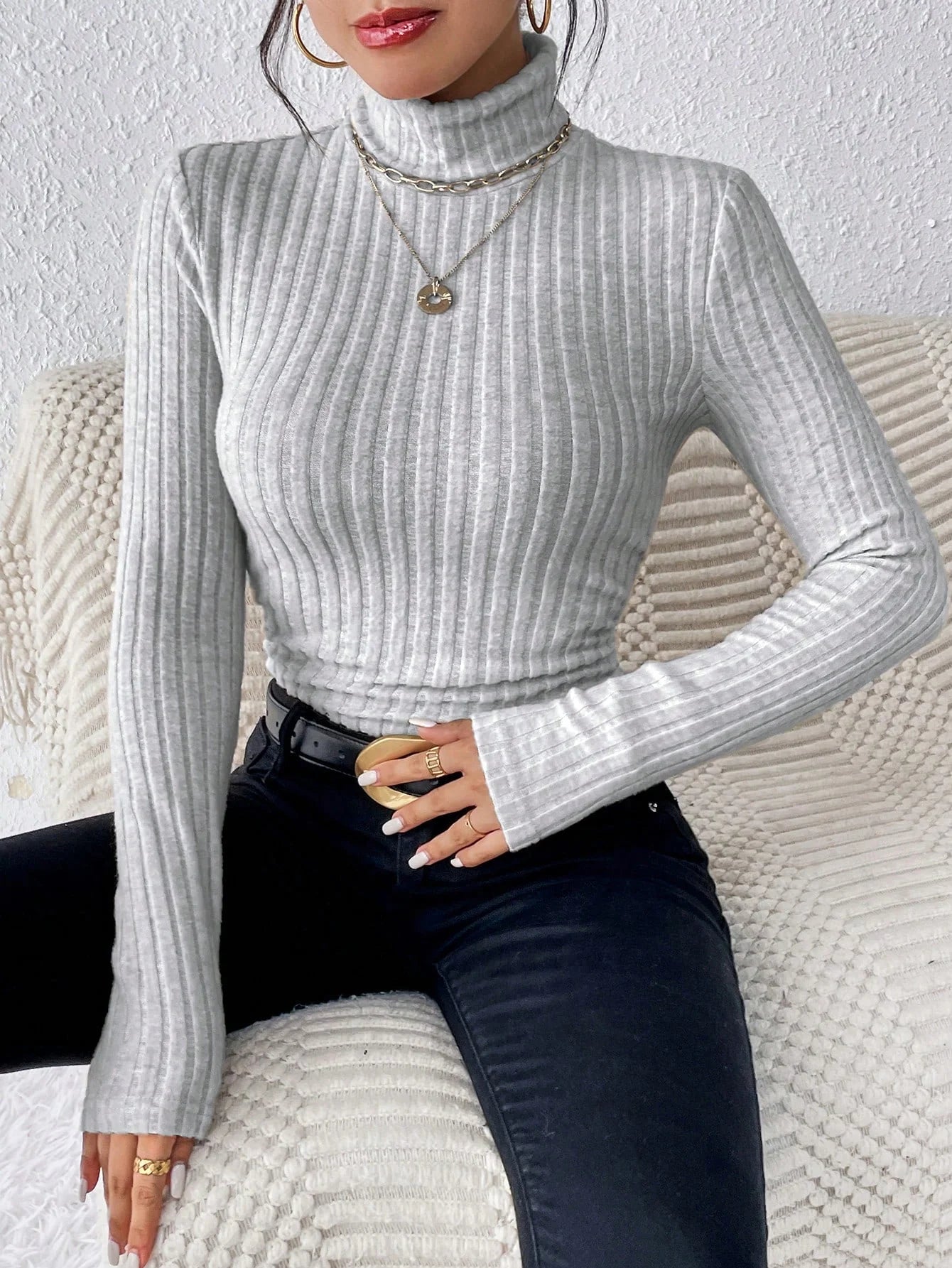 Autumn and Winter Sexy Texture Pit Stripe Slim Knit Long Sleeve Women's t-shirt New High Neck Women's Tops Casual Women's Tops