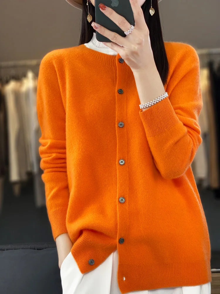 Long Sleeve 100% Merino Wool Sweaters Cashmere Cardigan Spring Autumn Women O-Neck Knitwear Tops Clothing Fashion Basic Tops