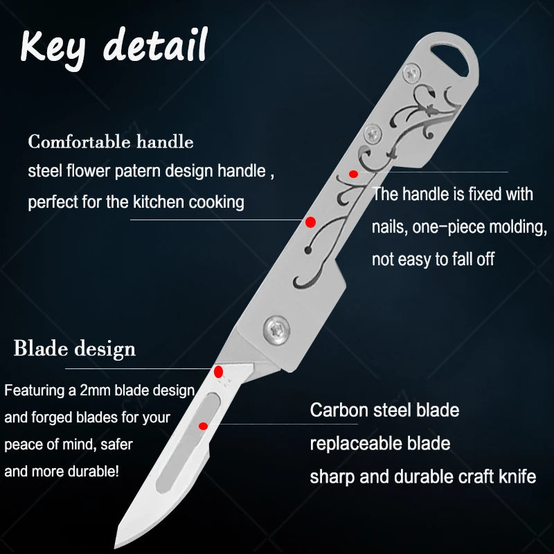 Stainless Steel Folding Knife Keychain Pocket Knife Surgical Mini Knife Replaceable Blades Sharp Multifunctional Knife Tool