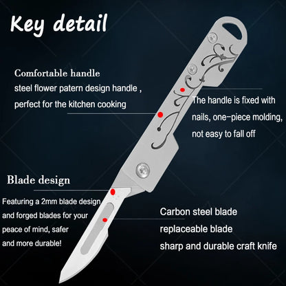 Stainless Steel Folding Knife Keychain Pocket Knife Surgical Mini Knife Replaceable Blades Sharp Multifunctional Knife Tool