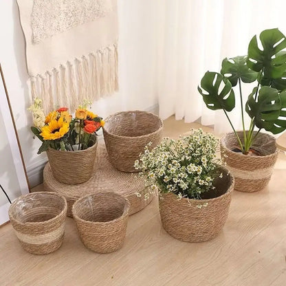 1Pc Grass Woven Flowerpot Mini/S/M/L Rattan Straw Flower Pot Basket Durable Planter Basket New Woven Plant Flower Basket