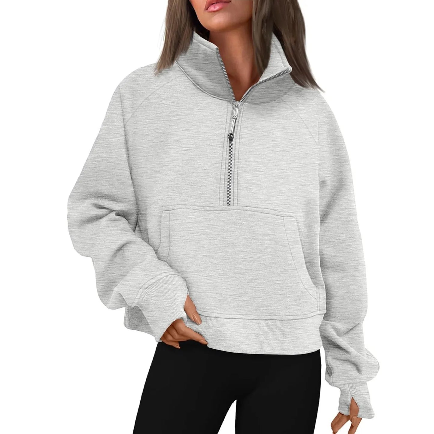 Women's Stand Collar Plus Fleece Solid Color Hoodie  Long Sleeve Pocket Loose Half Zip Pullover Hoodie Top лонгслив женский