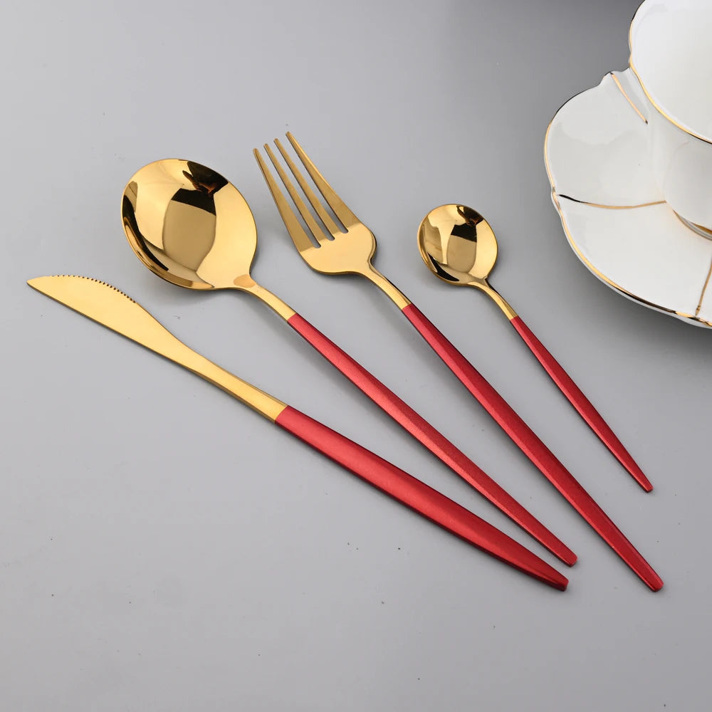 Zoseil Cutlery Set in Red and Gold Stainless Steel 24 Pcs Dinnerware Set in Flatware Kitchen Dinner Mmirror Stainless Steel