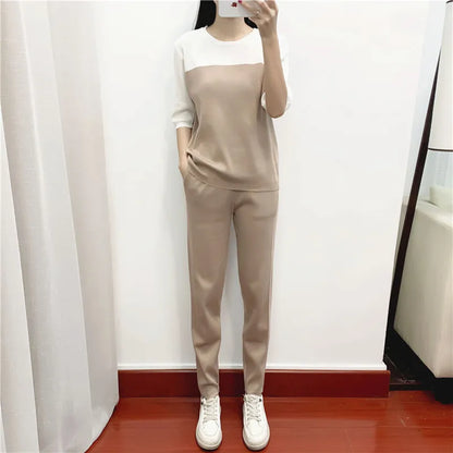 Spring Autumn Plaid Knit Women's Tracksuit Cardigan sweater coat + short sleeved top + Solid Harem Pants 3 Piece Set Women