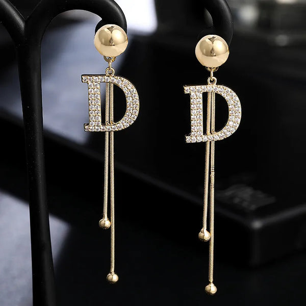 2023 New Luxury Brand Long Tassel Drop Earrings for Women D Letter Crystal Snake Chain Fashion Shiny Jewelry