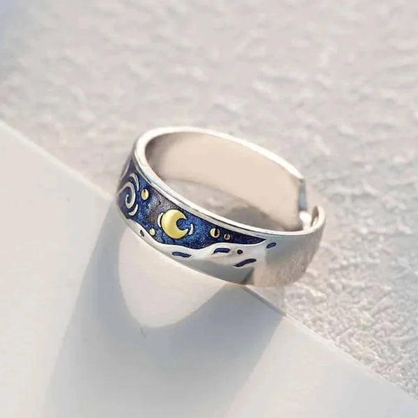 2 PCS Unisex Starry Sky Epoxy Open Ring Ins Silver Color Moon Couple Ring Unique Pattern Valentine's Day Gift Part Jewelry