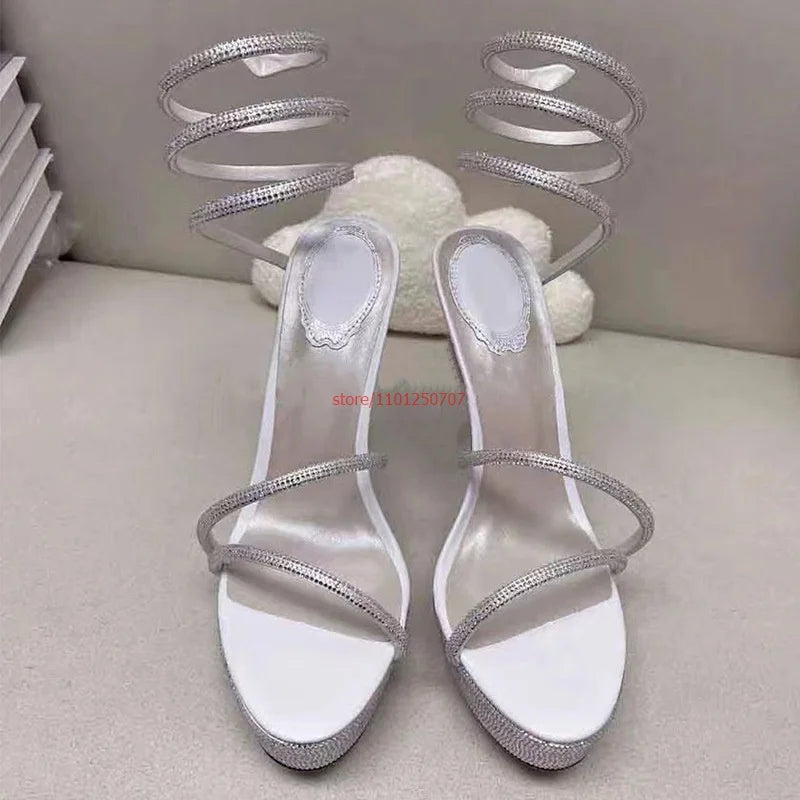 Bling Rhinestone Women's High Heel Sandal Waterproof Platform Ankle Wrapped Slim Heel Sandals Wedding Party Heels 14cm