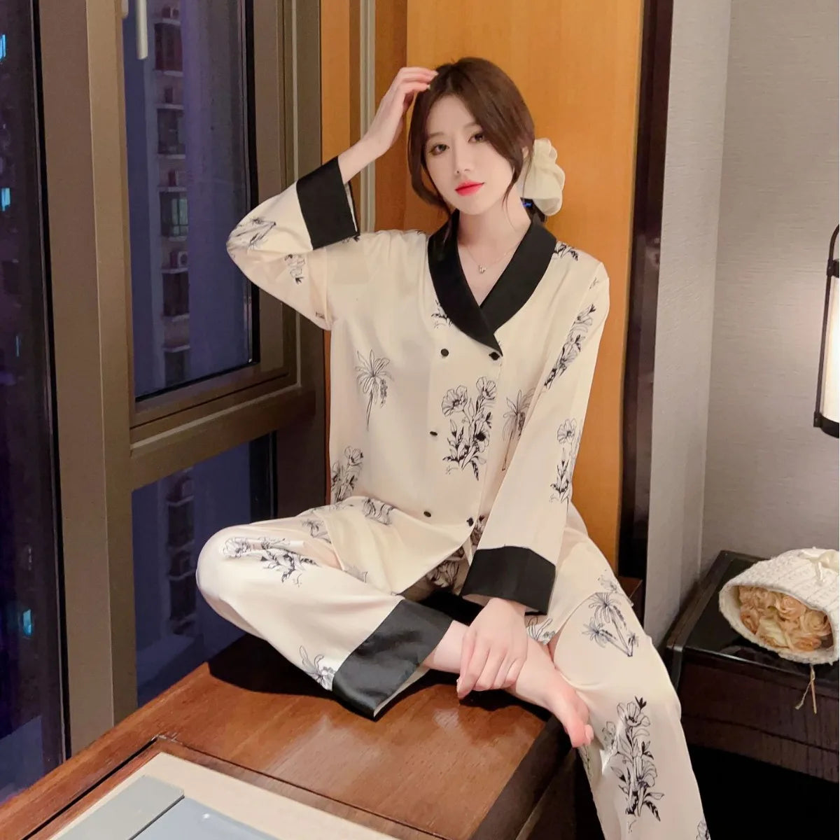 Chinese Printed Sleepwear Pyjama Suit Women Two-Piece Pajamas Set Spring Long Sleeve Shirt Trouser Satin Nightwear Homewear