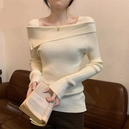 Korean Solid Knitted Women Shirt Spring Slash Neck Patchwork New Female Blouse Fashion All Match Thin Long Sleeve Ladies Tops