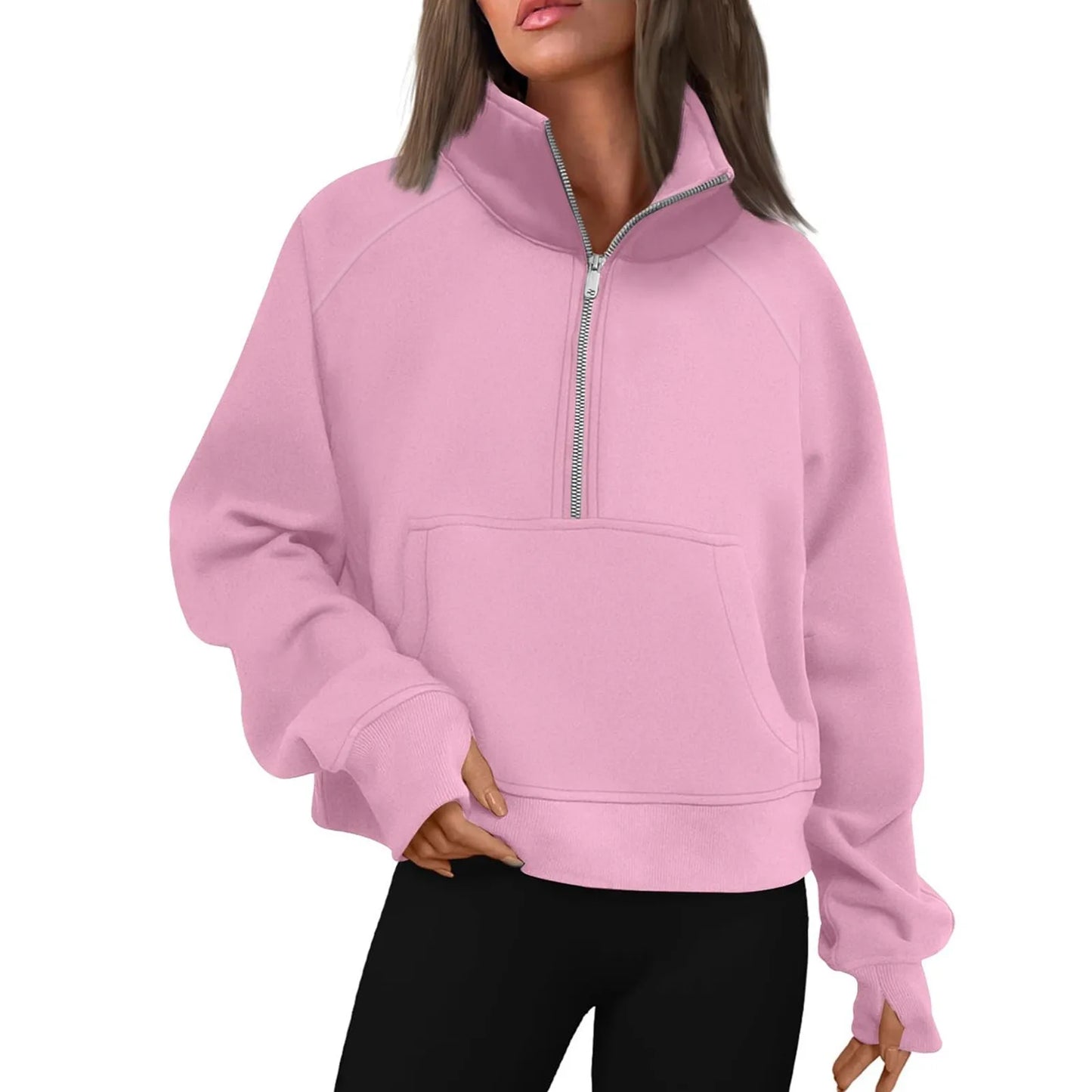 Women's Stand Collar Plus Fleece Solid Color Hoodie  Long Sleeve Pocket Loose Half Zip Pullover Hoodie Top лонгслив женский