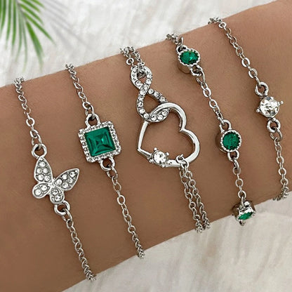 4 Piece Set Women Retro Green Diamond Square Bracelet Versatile Diamond Bracelet Fashionable Versatile Personalized Accessory