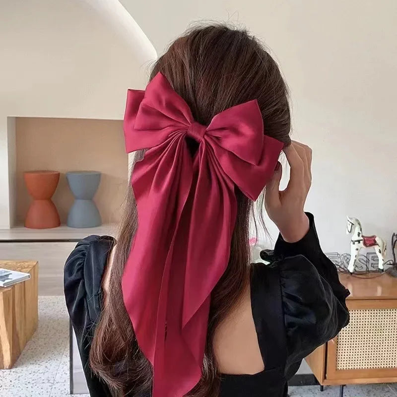 Large Long Bowknot Fashion Solid Satin Hair Clips for Women Simple Elegant Fairycore Spring Barrettes Head Accessories Wholesale