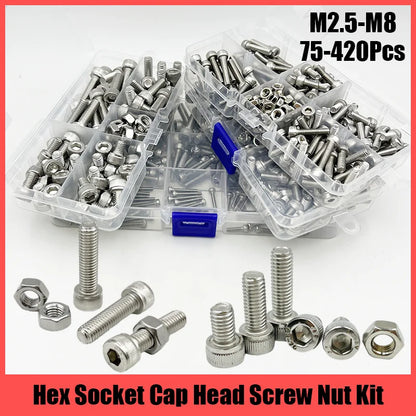 420/210/180/110/75PCS 304 Stainless Steel Allen Hexagon Hex Socket Cap Head Screw Bolt and Nut Set M2 M2.5 M3 M4 M5 M6 M8 Kit