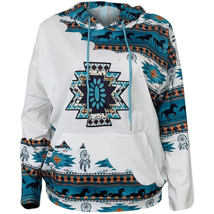 Womens Casual Geometric Horse Print Long Sleeve Drawstring Pullover Tops, Ethnic Style Hooded Sweatshirt