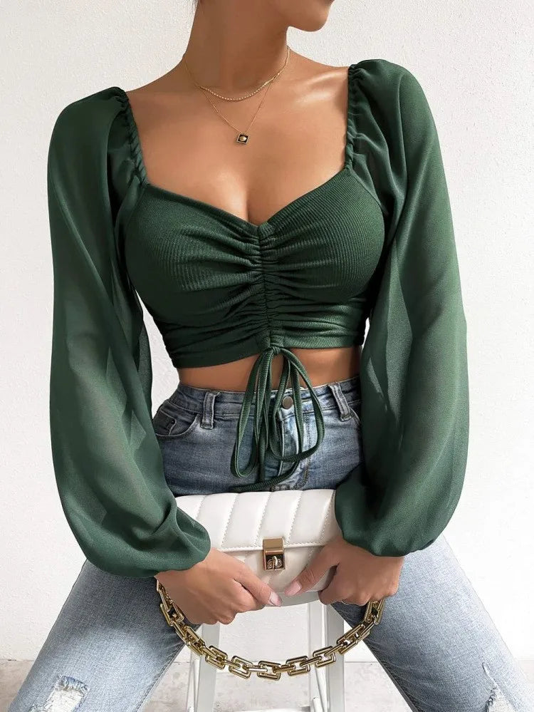 Sexy V-neck Women T Shirt Casual Drawstring Crop Tops Tee Ladies Blusas Summer Short Tshirt Woman Clothes Long Sleeve T Shirt