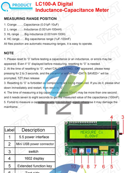 TZT LC-100A Digital LCD Capacitance Inductance Meter LC Meter 1pF-100mF 1uH-100H LCD Display High Precision Fully functional