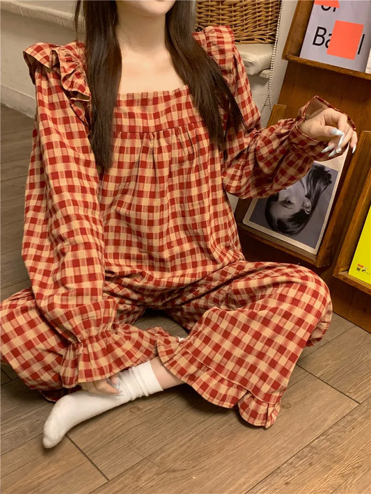 Red Plaid Cotton Pajamas Set Women Square Collar Shirts + Trousers Casual Loose Vintage Korean Sleepwear Night Wear Autumn Cute