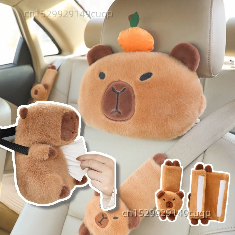 Cute Capybara Plush Car Pillow Rearview Mirror Tissue Box Car Headrest Shoulder Cover Combination Of Car Supplies Decoration Car