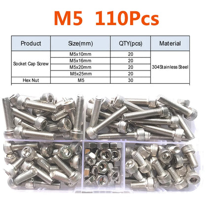 420/210/180/110/75PCS 304 Stainless Steel Allen Hexagon Hex Socket Cap Head Screw Bolt and Nut Set M2 M2.5 M3 M4 M5 M6 M8 Kit