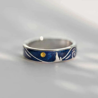 2 PCS Unisex Starry Sky Epoxy Open Ring Ins Silver Color Moon Couple Ring Unique Pattern Valentine's Day Gift Part Jewelry