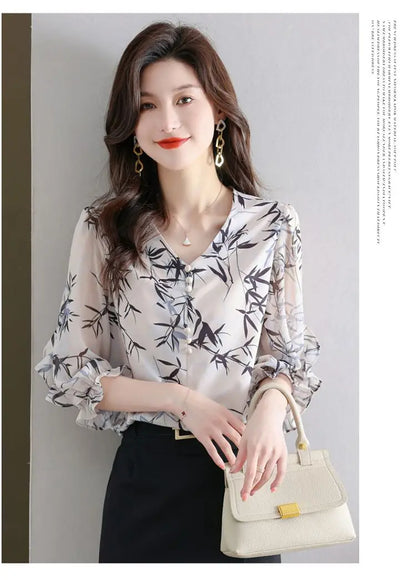 Summer Elegant Fashion Printed 3/4 Sleeve Shirt Women's Clothing Commute Loose Beading Spliced V-Neck Chiffon Blouse for Female