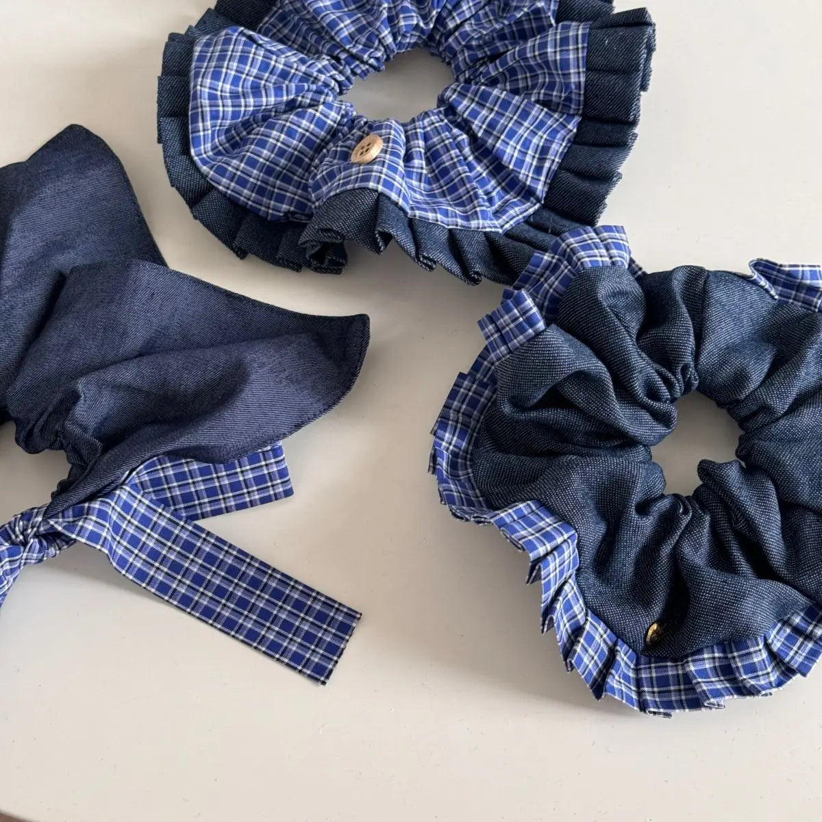 Korean New Design Blue Plaid High-Grade Retro Preppy Style Elastic Scrunchie Small Bun Head Rope Hair Accessories