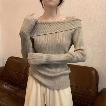 Autumn Winter New Women Sweater Korean Chic Casual All Match Slim Temperament Knitted Pullover Female Slash Neck Jumpers