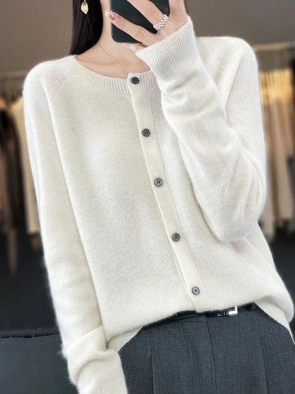 Long Sleeve 100% Merino Wool Sweaters Cashmere Cardigan Spring Autumn Women O-Neck Knitwear Tops Clothing Fashion Basic Tops