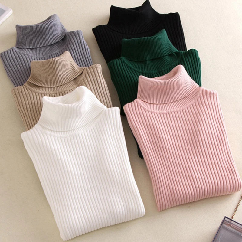 2025 Autumn Winter Women Knit Solid Turtleneck Pull Sweater Casual Rib Jumper Tops Female Home Pullover Y2K Clothing