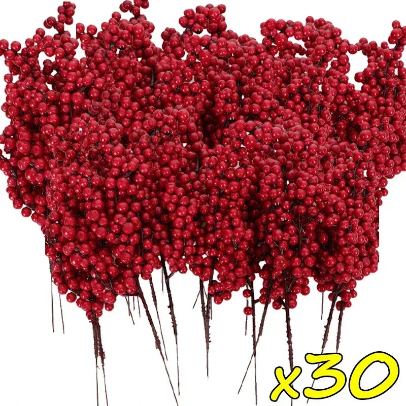 Christmas Red Berries Branch Fake Plants Flowers Artificial Holly Berry Stamen Wreath Ornaments for Xmas Tree Party Home Decor