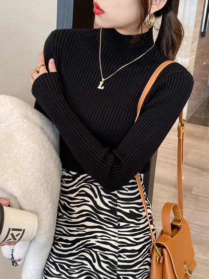 Elegant Solid Basic Knitted Tops Women Turtlneck Sweater Long Sleeve Casual Slim Pullover Korean Fashion Simple Chic Clothes