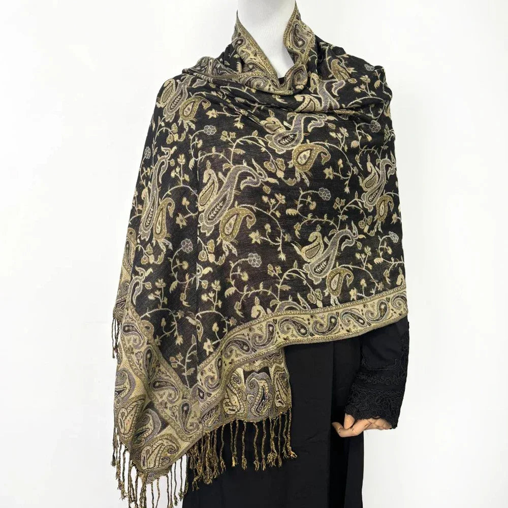 Fashion Ladies Paisley Kashmiri Imitated Pashmina Tassel Scarf Hijab Knitted Jacquard Bauhinia Vintage Scarf 180*70cm