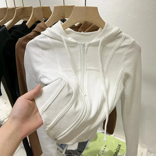 Zipper Hoodes Sweatshirt Korean Women Thin Skinny Casual Sporty Cropped Tops Basic Simple Tennis Jazz Dance Sexy Cardigan